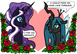 Size: 599x421 | Tagged: safe, artist:gingerfoxy, character:nightmare rarity, character:queen chrysalis, character:rarity, species:changeling, species:pony, species:unicorn, pony couple generator, ship:nightmare rarilis, female, flower, heart, lesbian, rose, shipping