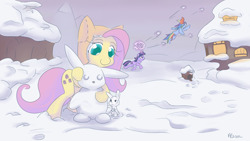 Size: 1194x673 | Tagged: safe, artist:alasou, character:angel bunny, character:fluttershy, character:rainbow dash, character:twilight sparkle, clothing, hat, snow, snowball, snowball fight