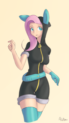 Size: 587x1042 | Tagged: safe, artist:alasou, character:fluttershy, bunny ears, clothing, cute, dangerous mission outfit, female, gloves, hoodie, humanized, simple background, socks, solo, thigh highs