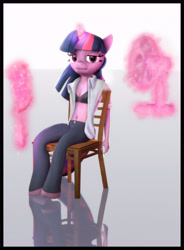 Size: 5018x6834 | Tagged: safe, artist:alasou, artist:imafutureguitarhero, character:twilight sparkle, character:twilight sparkle (alicorn), species:alicorn, species:anthro, species:pony, species:unguligrade anthro, 3d, absurd resolution, adaptation, belly button, border, bra, breasts, chair, chromatic aberration, cleavage, clothing, fan, feather, female, film grain, folded wings, frown, horn, levitation, lidded eyes, looking at you, magic, mare, open clothes, open shirt, paintover, pants, pen, quill, recreation, recursive fanart, reflection, scroll, shirt, sitting, solo, source filmmaker, sweat, telekinesis, underwear, vertical, wings
