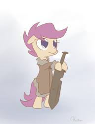 Size: 515x671 | Tagged: safe, artist:alasou, character:scootaloo, species:pegasus, species:pony, a song of ice and fire, brace yourselves, clothing, coat, crossover, eddard stark, game of thrones, parody, ponified, solo, wooden sword