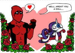 Size: 601x422 | Tagged: safe, artist:gingerfoxy, character:rarity, species:human, species:pony, species:unicorn, pony couple generator, captain obvious, crossover, crossover shipping, deadpool, fainting couch, female, flower, heart, leaf, male, mare, obvious, plushie, rose, shipping, straight
