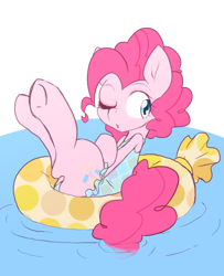 Size: 1266x1561 | Tagged: safe, artist:akainu_pony, character:pinkie pie, species:earth pony, species:pony, clothing, female, inflatable, inflatable toy, inner tube, one eye closed, pool toy, solo, swimming pool, swimsuit, underhoof, water