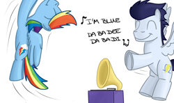 Size: 1280x759 | Tagged: safe, artist:hoofclid, character:rainbow dash, character:soarin', species:pony, dancing, eiffel 65, flying, i'm blue, phonograph, simple background, white background