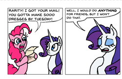 Size: 653x423 | Tagged: safe, artist:gingerfoxy, edit, character:pinkie pie, character:rarity, species:earth pony, species:pony, species:unicorn, 2 panel comic, clothing, comic, dress, friendship, i would do anything for love, meat loaf, no, pony comic generator, song reference