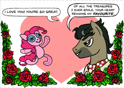 Size: 603x427 | Tagged: safe, artist:gingerfoxy, character:doctor caballeron, character:pinkie pie, species:earth pony, species:pony, pony couple generator, caballepie, doll, female, flower, heart, male, pony x doll, rose, shipping, straight, toy