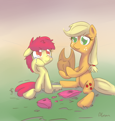 Size: 670x710 | Tagged: safe, artist:alasou, character:apple bloom, character:applejack, species:earth pony, species:pony, bow, clothing, crying, duo, female, hat