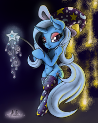 Size: 802x1000 | Tagged: safe, artist:dfectivedvice, artist:sepiakeys, edit, character:trixie, species:pony, species:unicorn, bipedal, clothing, color edit, colored, female, hat, looking at you, mare, socks, stockings, thigh highs, trixie's hat, wand