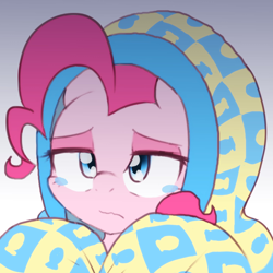 Size: 1796x1794 | Tagged: safe, artist:akainu_pony, character:pinkie pie, episode:yakity-sax, g4, my little pony: friendship is magic, blanket, clothing, cute, depressed, sad, sadorable, solo, teary eyes, wavy mouth