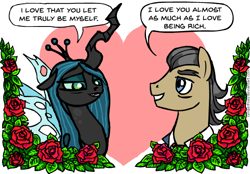 Size: 596x414 | Tagged: safe, artist:gingerfoxy, character:filthy rich, character:queen chrysalis, species:changeling, species:earth pony, species:pony, pony couple generator, chrysarich, crack shipping, crown, eyebrows, female, flower, heart, jewelry, male, regalia, rose, shipping