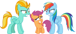 Size: 6762x3000 | Tagged: safe, alternate version, artist:ambassad0r, artist:cloudyglow, artist:parclytaxel, artist:yanoda, character:lightning dust, character:rainbow dash, character:scootaloo, species:pegasus, species:pony, episode:the washouts, g4, my little pony: friendship is magic, angry, female, filly, foal, grin, mare, nervous, nervous grin, simple background, smiling, transparent background, trio, vector
