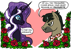 Size: 597x416 | Tagged: safe, artist:gingerfoxy, character:doctor caballeron, character:nightmare rarity, character:rarity, species:earth pony, species:pony, species:unicorn, pony couple generator, clothing, eyebrows, female, flower, heart, heart background, male, mare, nightmare cabararity, rose, shipping, size difference, stallion, straight, text