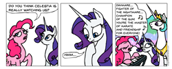 Size: 975x390 | Tagged: safe, artist:gingerfoxy, character:pinkie pie, character:princess celestia, character:rarity, species:alicorn, species:earth pony, species:pony, species:unicorn, comic, daymare, it's always sunny in philadelphia, keyboard, pony comic generator, simple background, singing, text, white background