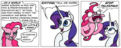 Size: 936x376 | Tagged: safe, artist:gingerfoxy, character:pinkie pie, character:rarity, species:earth pony, species:pony, species:unicorn, angry, comic, faec, grammar error, my little pony, pony comic generator, regular show, shut up