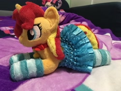 Size: 4032x3024 | Tagged: safe, artist:lanacraft, character:sunset shimmer, character:twilight sparkle, species:pony, species:unicorn, bell, blanket, bow tie, clothing, cute, irl, lying down, photo, plushie, shimmerbetes, skirt, socks, solo, striped socks