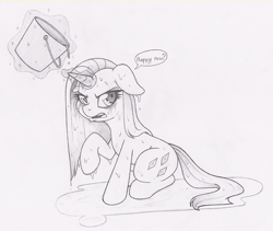 Size: 800x674 | Tagged: safe, artist:dfectivedvice, character:rarity, species:pony, species:unicorn, bucket, dialogue, female, floppy ears, grayscale, mare, monochrome, sketch, solo, unamused, wet, wet mane, wet mane rarity