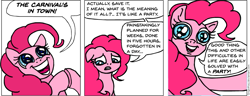 Size: 929x357 | Tagged: safe, artist:gingerfoxy, character:pinkie pie, species:earth pony, species:pony, comic, existential crisis, female, floppy ears, mare, mood swing, mood whiplash, pony comic generator, solo, starry eyes, that pony sure does love parties, wingding eyes