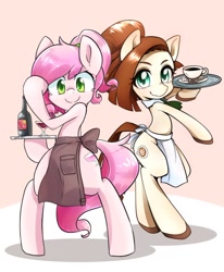 Size: 936x1138 | Tagged: safe, artist:akainu_pony, oc, species:earth pony, species:pony, alcohol, apron, bipedal, bottle, clothing, coffee, cup, drink, female, glass, mare, necktie, plate, shoes, smiling, spoon, tray, wine