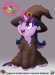 Size: 4000x5500 | Tagged: safe, artist:dfectivedvice, artist:wodahseht, character:twilight sparkle, species:pony, species:unicorn, candy, clothing, cute, female, filly, filly twilight sparkle, food, gradient background, hat, sitting, solo, twiabetes, witch, witch hat, younger