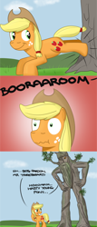 Size: 540x1259 | Tagged: safe, artist:hoofclid, character:applejack, species:earth pony, species:pony, applebucking, comic, dialogue, duo, ent, female, lord of the rings, male, mare, mistaken identity, treebeard
