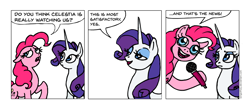 Size: 1000x421 | Tagged: safe, artist:gingerfoxy, character:pinkie pie, character:rarity, species:earth pony, species:pony, species:unicorn, comic, dialogue, microphone, open mouth, pony comic generator, speech bubble
