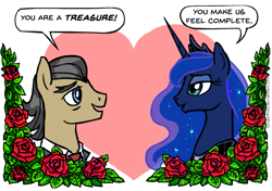 Size: 603x424 | Tagged: safe, artist:gingerfoxy, character:filthy rich, character:princess luna, species:alicorn, species:earth pony, species:pony, pony couple generator, crack shipping, eyebrows, filthyna, flower, heart, rose, shipping, text