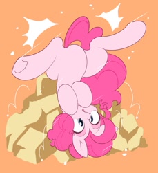 Size: 939x1024 | Tagged: safe, artist:akainu_pony, character:pinkie pie, species:earth pony, species:pony, featureless crotch, female, mare, open mouth, orange background, simple background, solo, upside down