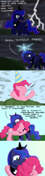 Size: 1080x4200 | Tagged: safe, artist:hoofclid, character:pinkie pie, character:princess luna, species:alicorn, species:earth pony, species:pony, clothing, comic, crying, cute, dream, dream walker luna, female, hat, hug, lightning, mare, party hat, tears of joy