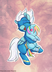 Size: 1200x1650 | Tagged: safe, artist:alasou, edit, editor:the dreaded, character:fleetfoot, character:rainbow dash, species:pegasus, species:pony, ship:fleetdash, bipedal, clothing, crush plush, cute, diafleetes, eyes closed, female, happy, latex, lesbian, mare, open mouth, patreon, plushie, pony plush, shipping, smiling, solo, uniform, wonderbolts uniform