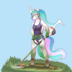 Size: 2400x2400 | Tagged: safe, artist:alasou, character:princess celestia, species:alicorn, species:anthro, species:plantigrade anthro, species:pony, breasts, busty princess celestia, cleavage, clothing, converse, dirty, female, gloves, goggles, grass, high res, hilarious in hindsight, looking at you, mare, safety goggles, shoes, shorts, sneakers, solo, weed whacker