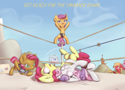 Size: 659x474 | Tagged: safe, artist:alasou, edit, editor:undeadponysoldier, character:apple bloom, character:babs seed, character:big mcintosh, character:scootaloo, character:sweetie belle, species:pegasus, species:pony, german suplex, smack down, song reference, sports, sports panties, this will not end well, thousand foot krutch, wrestling