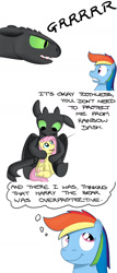 Size: 720x1678 | Tagged: safe, artist:hoofclid, character:fluttershy, character:rainbow dash, species:dragon, species:pegasus, species:pony, crossover, cute, growling, how to train your dragon, implied harry the bear, night fury, thought bubble, toothless the dragon