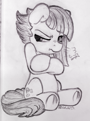 Size: 599x803 | Tagged: safe, artist:bobdude0, character:limestone pie, species:earth pony, species:pony, angry, black and white, crossed hooves, exhale, female, floppy ears, frog (hoof), grayscale, lineart, mare, monochrome, nose wrinkle, pencil drawing, pouting, sitting, solo, traditional art, underhoof