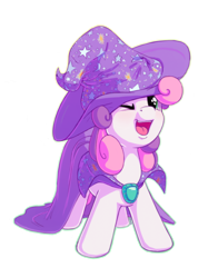Size: 1100x1400 | Tagged: safe, artist:bobdude0, character:sweetie belle, species:pony, species:unicorn, cape, clothing, commission, costume, cute, diasweetes, female, filly, hat, mare, one eye closed, open mouth, simple background, solo, transparent background, trixie's cape, trixie's hat, wink