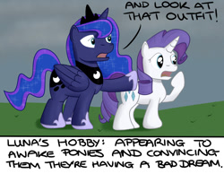 Size: 1080x840 | Tagged: safe, artist:hoofclid, character:princess luna, character:rarity, species:alicorn, species:pony, species:unicorn, duo, ethereal mane, female, galaxy mane, hobby, hoof shoes, mare, pointing, prank, xkcd