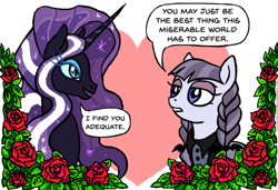 Size: 1242x849 | Tagged: safe, artist:gingerfoxy, character:inky rose, character:nightmare rarity, character:rarity, species:pegasus, species:pony, species:unicorn, pony couple generator, crack shipping, dialogue, female, flower, heart, lesbian, rose, shipping