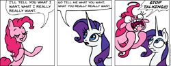 Size: 922x356 | Tagged: safe, artist:gingerfoxy, character:pinkie pie, character:rarity, species:earth pony, species:pony, species:unicorn, comic, dialogue, duo, faec, female, mare, pony comic generator, regular show, simple background, singing, song reference, speech bubble, spice girls, wannabe, white background, yelling