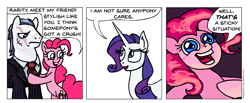 Size: 972x399 | Tagged: safe, artist:gingerfoxy, character:pinkie pie, character:rarity, species:earth pony, species:pony, species:unicorn, comic, dialogue, eye scar, female, male, mare, mobster, pinstripes, pony comic generator, scar, simple background, speech bubble, stallion, this will end in pain, white background