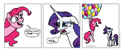 Size: 978x404 | Tagged: safe, artist:gingerfoxy, character:pinkie pie, character:rarity, species:earth pony, species:pony, species:unicorn, balloon, buzzkill, comic, dialogue, duo, female, mare, open mouth, pony comic generator, simple background, speech bubble, tongue out, white background