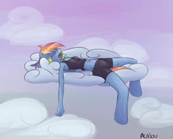 Size: 1126x907 | Tagged: safe, artist:alasou, character:rainbow dash, species:anthro, armpits, belly button, clothing, cloud, cloudy, eyes closed, female, shirt, shorts, skinny, sleeping, solo