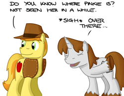 Size: 1080x840 | Tagged: safe, artist:hoofclid, character:braeburn, oc, species:earth pony, species:pony, clothing, colored hooves, cowboy hat, duo, hat, pointing, simple background, unshorn fetlocks, vest, white background