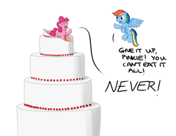 Size: 1080x840 | Tagged: safe, artist:hoofclid, character:pinkie pie, character:rainbow dash, species:earth pony, species:pegasus, species:pony, cake, dialogue, duo, eating, eyes closed, female, flying, food, hooves, mare, open mouth, simple background, white background, wings