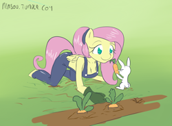 Size: 1140x840 | Tagged: safe, artist:alasou, character:angel bunny, character:fluttershy, species:anthro, alternate hairstyle, braless, breasts, busty fluttershy, carrot, cleavage, clothing, food, garden, naked overalls, no underwear, overalls, ponytail
