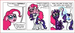 Size: 977x427 | Tagged: safe, artist:gingerfoxy, character:pinkie pie, character:rarity, species:earth pony, species:pony, species:unicorn, bondage, comic, dialogue, duo, female, mare, mummification, pony comic generator, ribbon, simple background, speech bubble, white background
