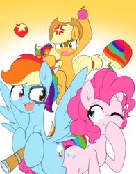 Size: 802x1024 | Tagged: safe, artist:akainu_pony, character:applejack, character:pinkie pie, character:rainbow dash, species:earth pony, species:pegasus, species:pony, species:unicorn, episode:griffon the brush-off, angry, apple, female, food, mare, one eye closed, open mouth, prank, trio