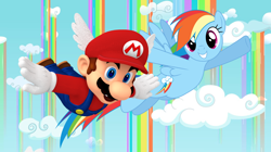 Size: 1536x863 | Tagged: safe, artist:ambassad0r, artist:dashiesparkle, artist:vg805smashbros, character:rainbow dash, species:human, species:pegasus, species:pony, episode:rainbow falls, g4, my little pony: friendship is magic, cloud, crossover, flying, maridash, mario, nintendo, power-up, powerups, rainbow, rainbow waterfall, super mario bros., waterfall, wing cap, wings, winsome falls