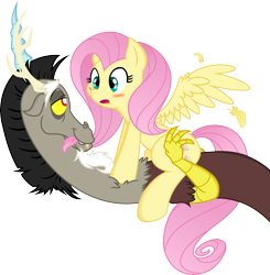 Size: 5000x5098 | Tagged: safe, artist:dfectivedvice, artist:kamyk962, character:discord, character:fluttershy, species:draconequus, species:pegasus, species:pony, ship:discoshy, absurd resolution, age difference, bedroom eyes, biting, blushing, cute, discute, feather, female, hair bite, male, open mouth, shipping, shyabetes, simple background, straddling, straight, transparent background, vector