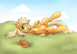 Size: 1920x1352 | Tagged: safe, artist:dfectivedvice, derpibooru original, edit, character:applejack, species:earth pony, species:pony, g4, belly button, colored, colored pupils, cute, dock, ear fluff, female, grass, horses doing horse things, jackabetes, loose hair, mare, on back, open mouth, rolling, smiling, solo