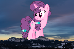 Size: 3840x2563 | Tagged: safe, artist:ambassad0r, character:sugar belle, species:pony, species:unicorn, female, giant pony, giantess, highrise ponies, irl, macro, mega giant, mountain, mountain range, photo, ponies in real life