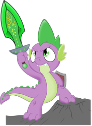 Size: 1964x2676 | Tagged: safe, artist:clockwork2, artist:dfectivedvice, character:spike, species:dragon, action pose, armpits, male, shield, simple background, solo, sword, transparent background, vector, weapon